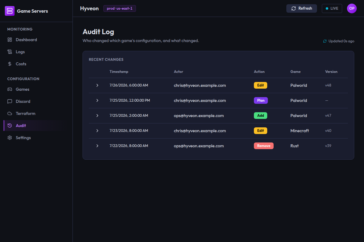 The Audit log table listing timestamped entries with actor, coloured action badges, game name and tfvars version, with one row expanded to show side-by-side before and after JSON