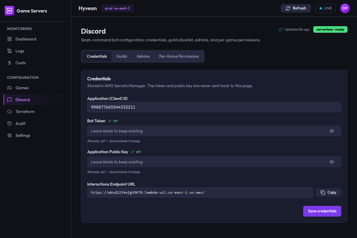 The Discord configuration screen showing the readiness badge, four tabs, and the Credentials tab with Application ID, Bot Token, Public Key and the Interactions Endpoint URL