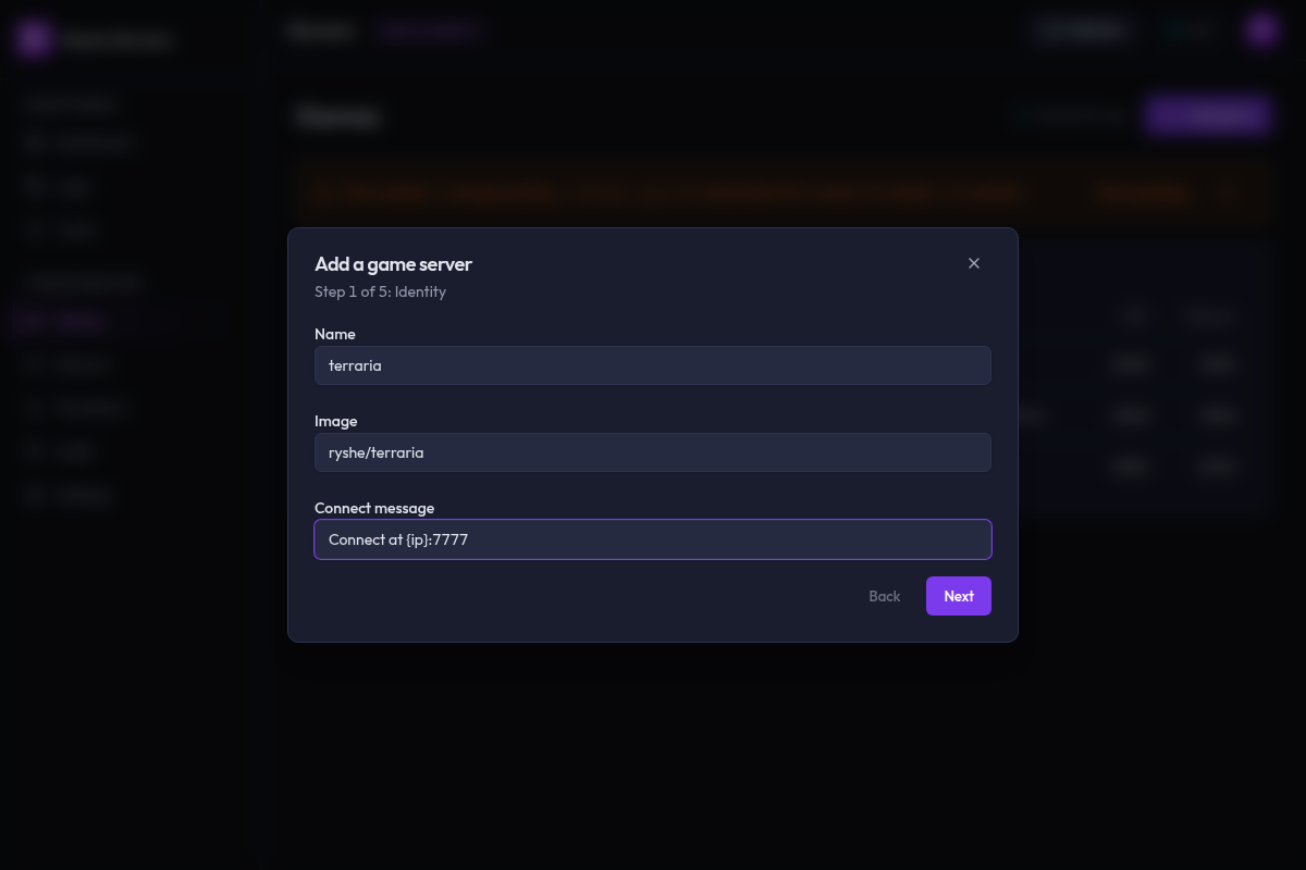The Add game wizard on its Identity step, with Name, Image and Connect message fields and Back/Next buttons