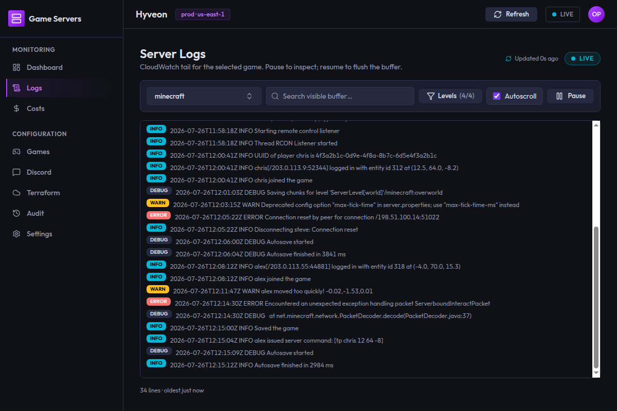 The Logs screen with a game selected, a search box, a Levels filter, an Autoscroll checkbox, a Pause button, and a stream of colour-coded log lines