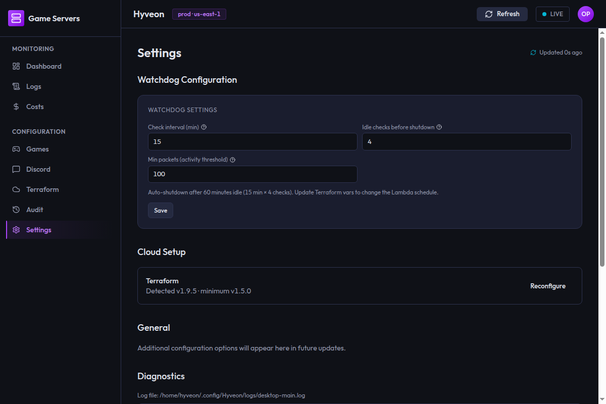 The Settings page showing the Watchdog Settings panel with three numeric fields, a Cloud Setup row with a Reconfigure button, a General placeholder, and the Diagnostics log viewer