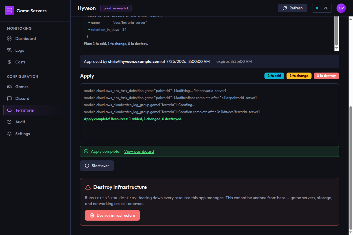 The Terraform page after a successful apply, showing streamed apply output in the log viewer, the resources-added change summary, and a green Apply complete banner with a View dashboard link