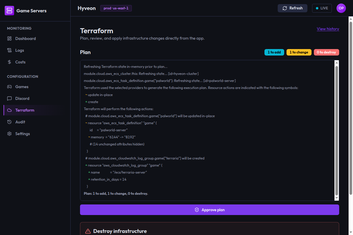 The Terraform page after a successful plan, showing the change-summary badges and an Approve plan button