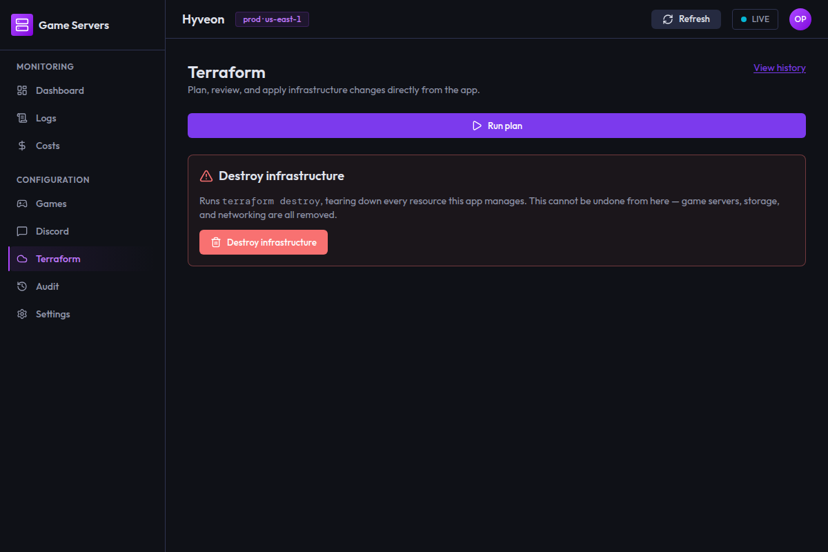 The Terraform page with a Run plan button and an empty log viewer waiting for output