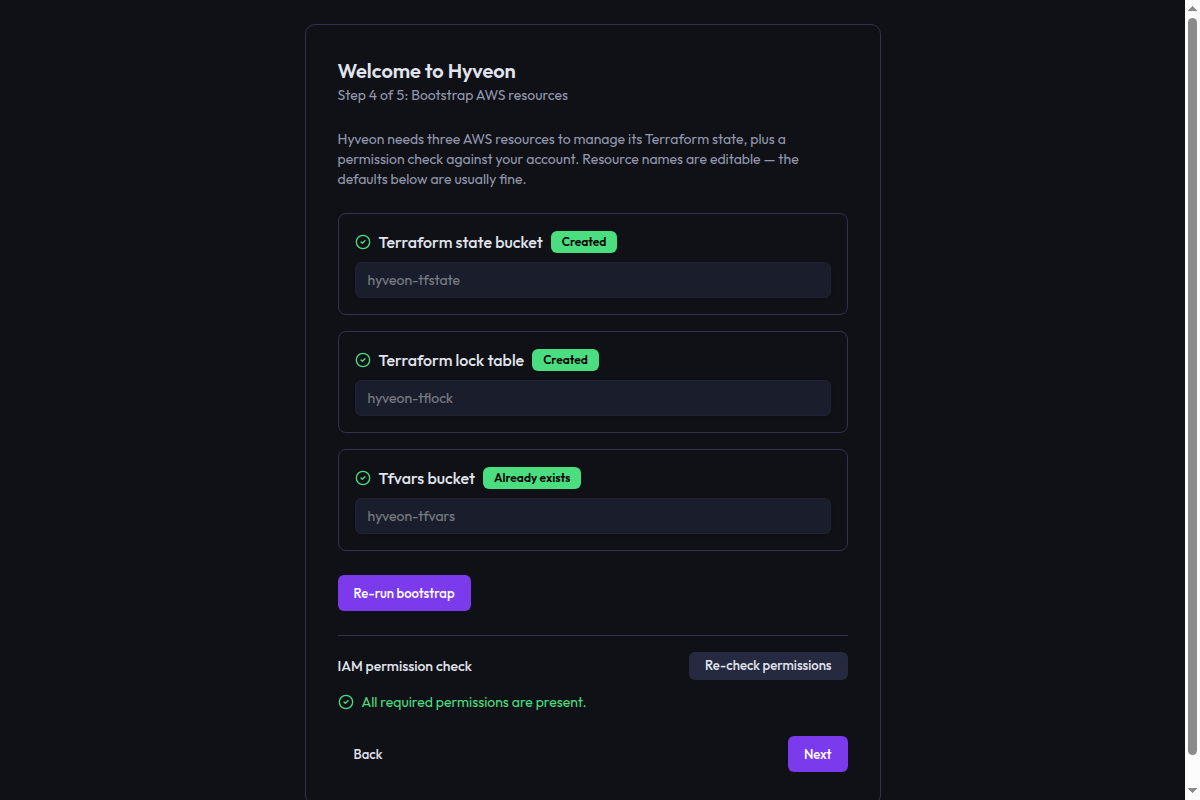 The bootstrap step showing three editable resource-name fields with status badges, a Bootstrap AWS resources button, and an IAM permission check section