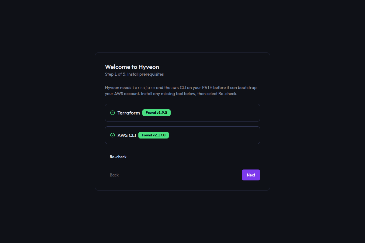The first wizard step listing Terraform and AWS CLI with detection badges, install instructions for the current operating system, and a Re-check button