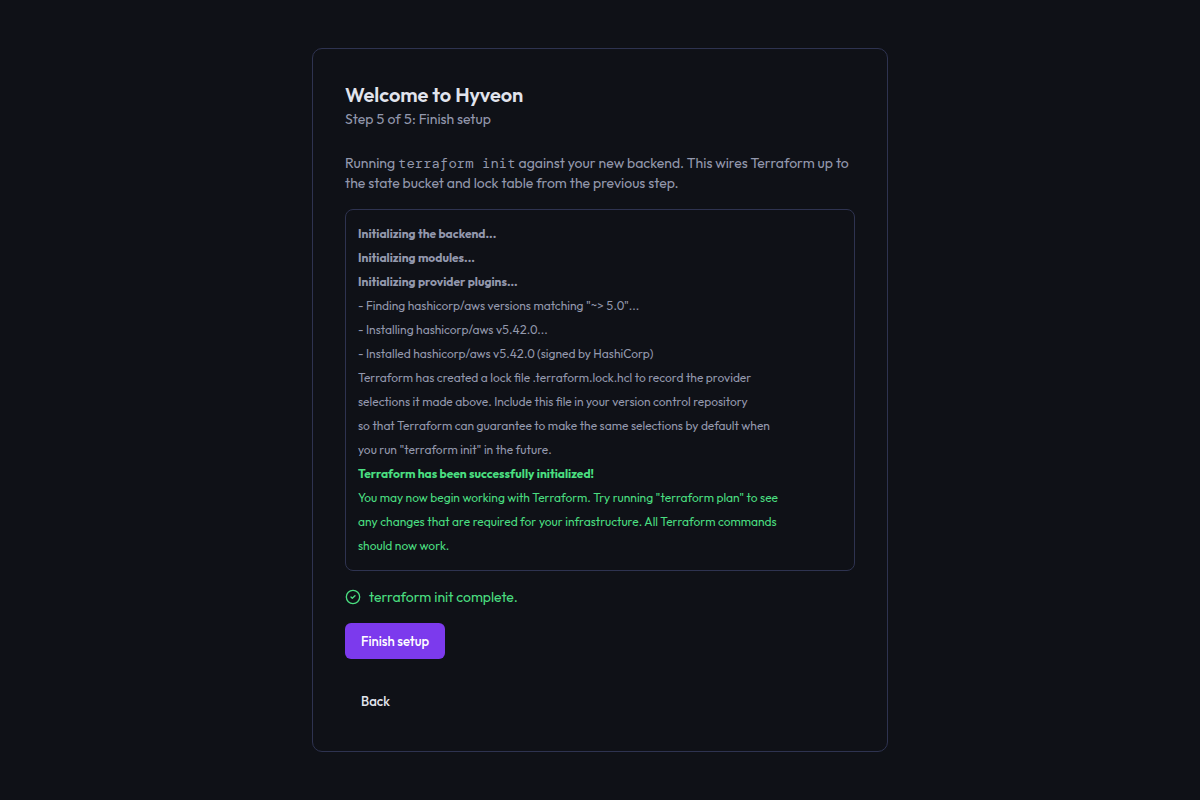 The final wizard step streaming terraform init output into a log viewer, with a Finish setup button below